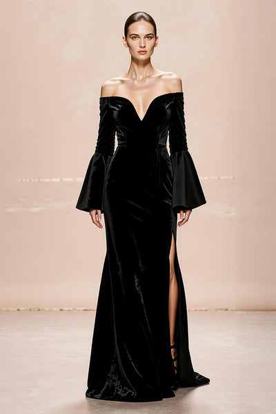 Black Velvet Mermaid Long Sleeves Formal Dress with Slit