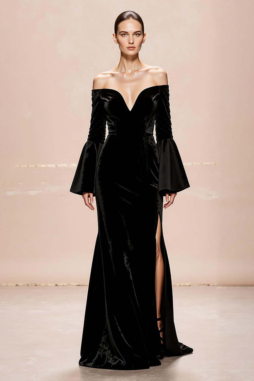 Black Velvet Mermaid Long Sleeves Formal Dress with Slit