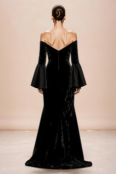 Black Velvet Mermaid Long Sleeves Formal Dress with Slit