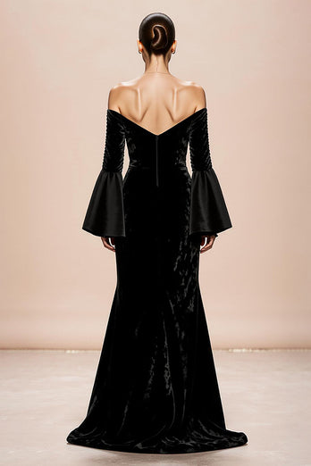 Black Velvet Mermaid Long Sleeves Formal Dress with Slit
