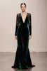 Load image into Gallery viewer, Dark Green Mermaid V-Neck Velvet Long Sleeves Formal Dress with Lace