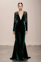 Load image into Gallery viewer, Dark Green Mermaid V-Neck Velvet Long Sleeves Formal Dress with Lace