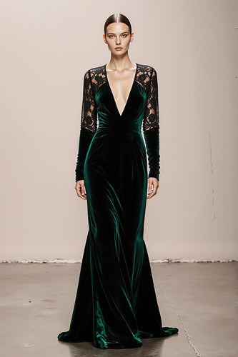 Dark Green Mermaid V-Neck Velvet Long Sleeves Formal Dress with Lace