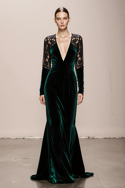 Dark Green Mermaid V-Neck Velvet Long Sleeves Formal Dress with Lace
