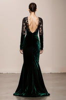 Load image into Gallery viewer, Dark Green Mermaid V-Neck Velvet Long Sleeves Formal Dress with Lace