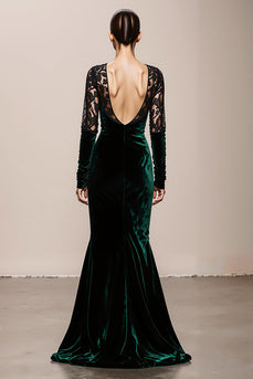 Dark Green Mermaid V-Neck Velvet Long Sleeves Formal Dress with Lace