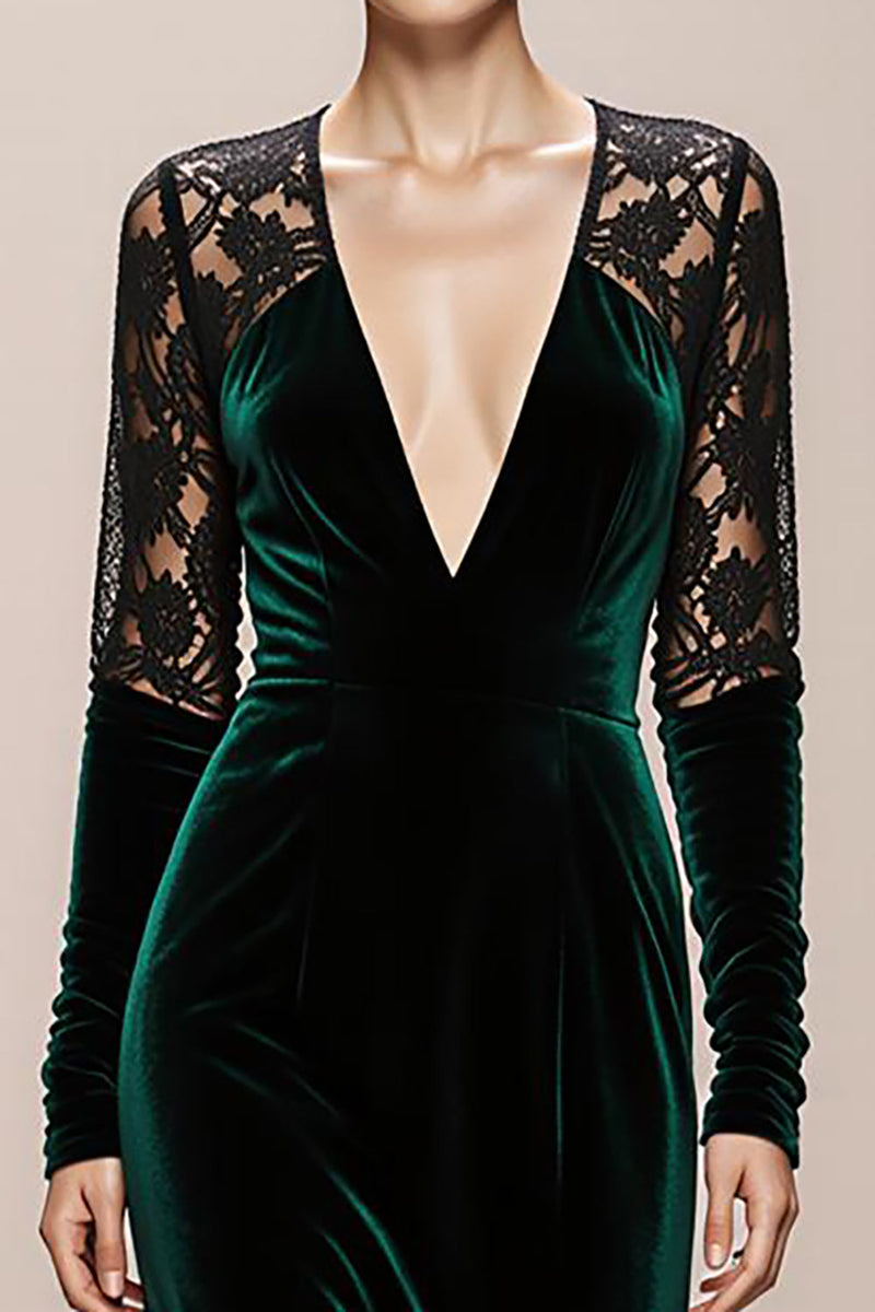 Load image into Gallery viewer, Dark Green Mermaid V-Neck Velvet Long Sleeves Formal Dress with Lace