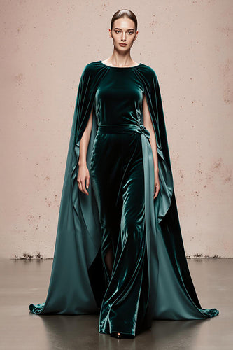 Dark Green Boat Neck Velvet Long Formal Dress with Cape
