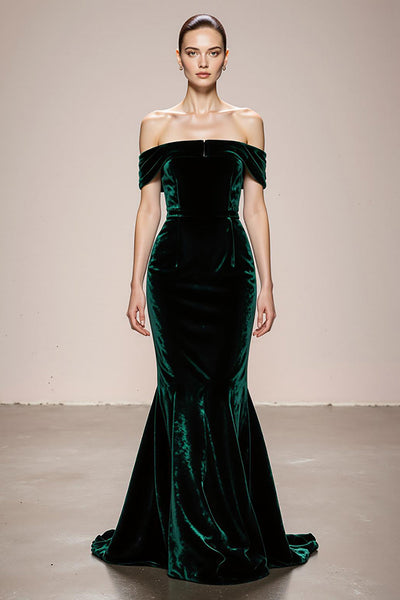 Simple Dark Green Mermaid Velvet Off the Shoulder Long Formal Dress
