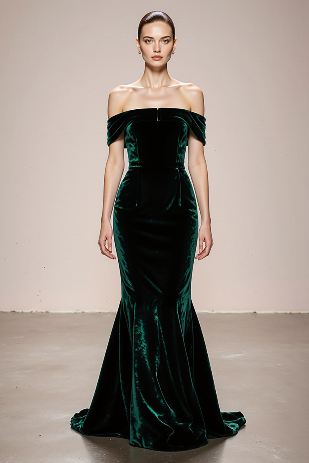 Simple Dark Green Mermaid Velvet Off the Shoulder Long Formal Dress