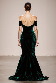 Simple Dark Green Mermaid Velvet Off the Shoulder Long Formal Dress