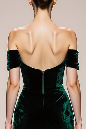 Simple Dark Green Mermaid Velvet Off the Shoulder Long Formal Dress