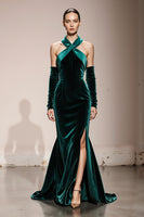 Load image into Gallery viewer, Dark Green Mermaid Velvet Halter Long Formal Dress with Slit