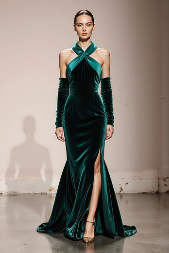 Dark Green Mermaid Velvet Halter Long Formal Dress with Slit