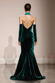 Dark Green Mermaid Velvet Halter Long Formal Dress with Slit