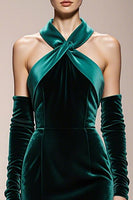 Load image into Gallery viewer, Dark Green Mermaid Velvet Halter Long Formal Dress with Slit