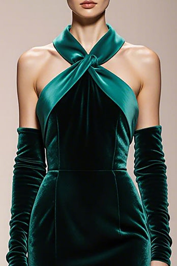 Dark Green Mermaid Velvet Halter Long Formal Dress with Slit