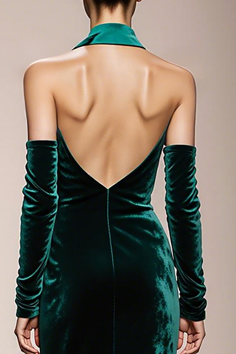 Load image into Gallery viewer, Dark Green Mermaid Velvet Halter Long Formal Dress with Slit
