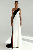 Load image into Gallery viewer, Black and White One Shoulder Sheath Long Formal Dress with Slit