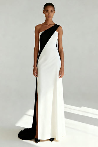 Black and White One Shoulder Sheath Long Formal Dress with Slit