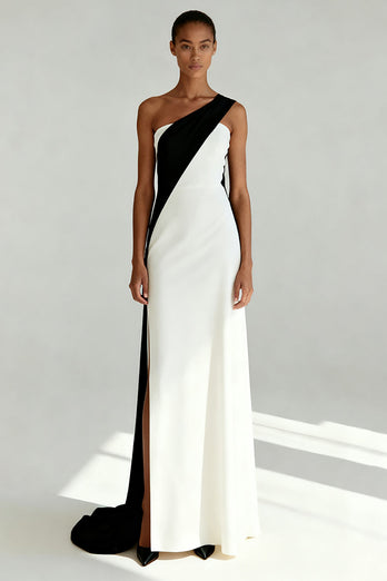 Black and White One Shoulder Sheath Long Formal Dress with Slit