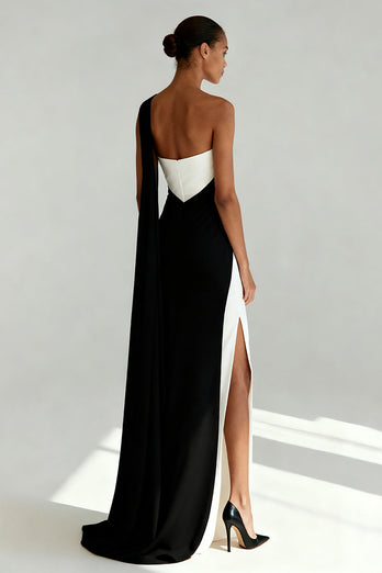 Black and White One Shoulder Sheath Long Formal Dress with Slit