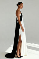 Load image into Gallery viewer, Black and White One Shoulder Sheath Long Formal Dress with Slit