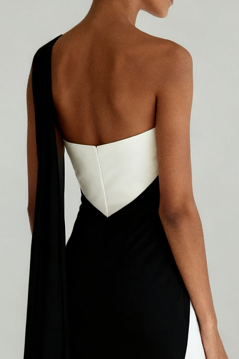 Load image into Gallery viewer, Black and White One Shoulder Sheath Long Formal Dress with Slit