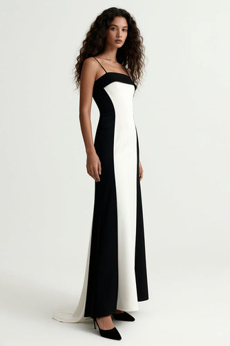 Black and White Patchwork Sheath Satin Spaghetti Straps Long Formal Dress