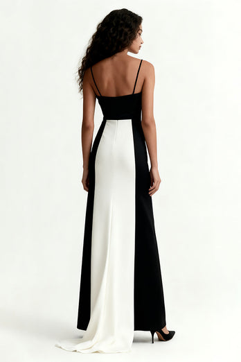Black and White Patchwork Sheath Satin Spaghetti Straps Long Formal Dress