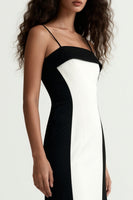 Load image into Gallery viewer, Black and White Patchwork Sheath Satin Spaghetti Straps Long Formal Dress