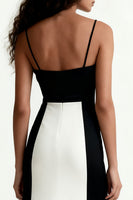 Load image into Gallery viewer, Black and White Patchwork Sheath Satin Spaghetti Straps Long Formal Dress