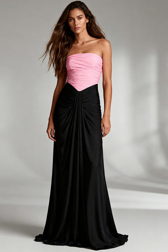 Black and Pink Patchwork Satin Strapless Ruched Long Formal Dress