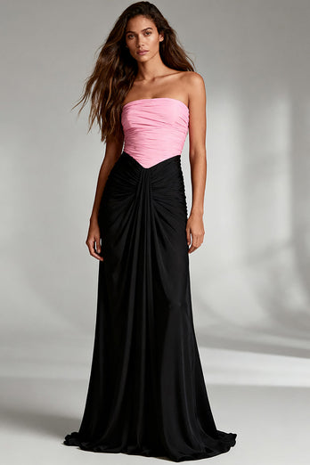 Black and Pink Patchwork Satin Strapless Ruched Long Formal Dress