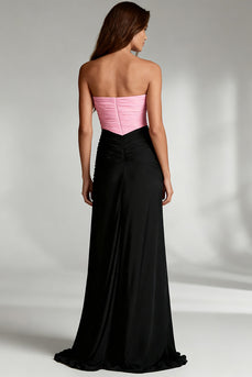 Black and Pink Patchwork Satin Strapless Ruched Long Formal Dress