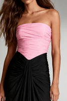 Load image into Gallery viewer, Black and Pink Patchwork Satin Strapless Ruched Long Formal Dress