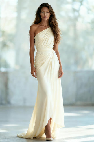 Ivory Ruched Chiffon Sheath Ruched One Shoulder Long Formal Dress