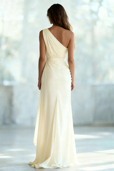 Ivory Ruched Chiffon Sheath Ruched One Shoulder Long Formal Dress
