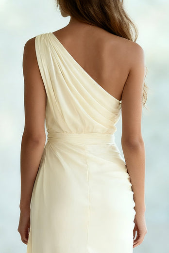 Ivory Ruched Chiffon Sheath Ruched One Shoulder Long Formal Dress