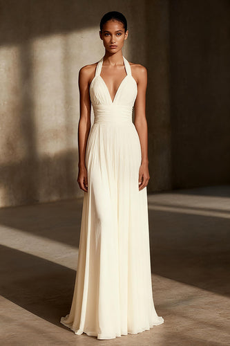 Ivory Chiffon Sheath Ruched Halter Long Formal Dress
