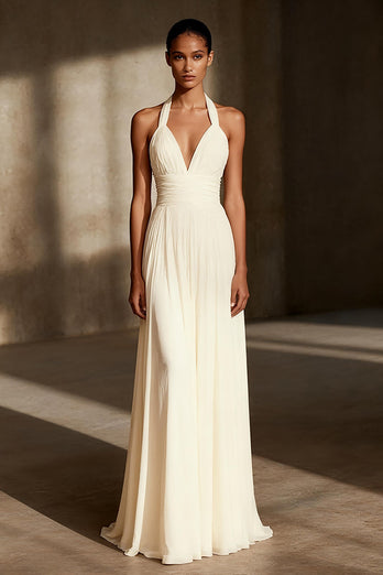 Ivory Chiffon Sheath Ruched Halter Long Formal Dress