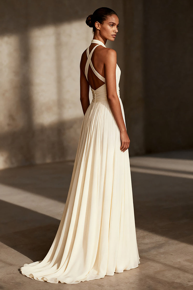 Load image into Gallery viewer, Ivory Chiffon Sheath Ruched Halter Long Formal Dress
