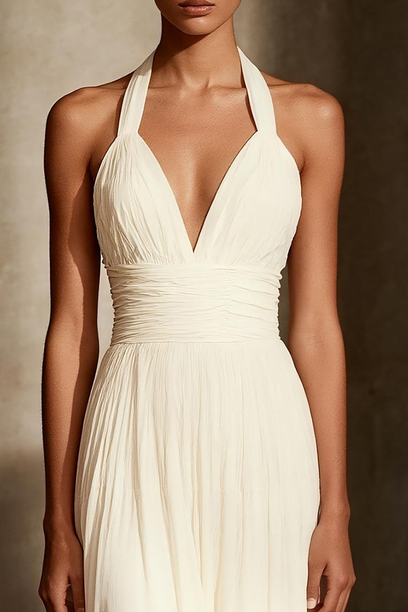 Load image into Gallery viewer, Ivory Chiffon Sheath Ruched Halter Long Formal Dress
