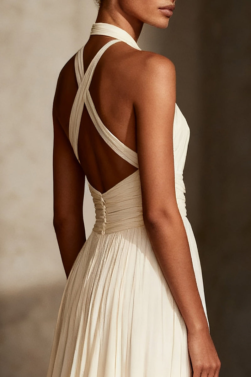 Load image into Gallery viewer, Ivory Chiffon Sheath Ruched Halter Long Formal Dress