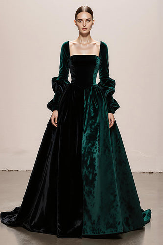 Dark Green Ball Gown Velvet Square Neck Long Holiday Party Dress