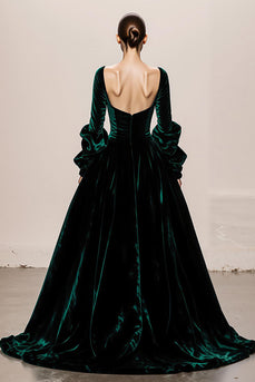 Dark Green Ball Gown Velvet Square Neck Long Holiday Party Dress