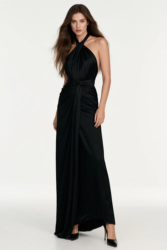Black Sheath Halter Backless Long Formal Dress with Sash