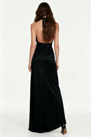 Load image into Gallery viewer, Black Sheath Halter Backless Long Formal Dress with Sash
