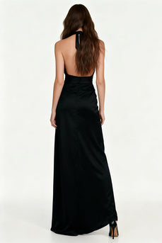 Black Sheath Halter Backless Long Formal Dress with Sash