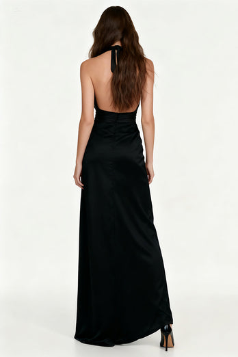Black Sheath Halter Backless Long Formal Dress with Sash